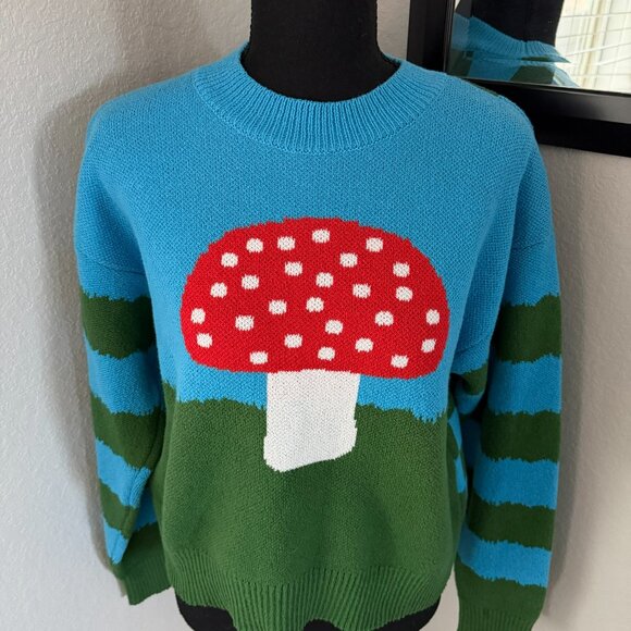 ZARA Mushroom Toadstool Blue Green Striped Check Quirky Indie Sweater Medium - Picture 6 of 15